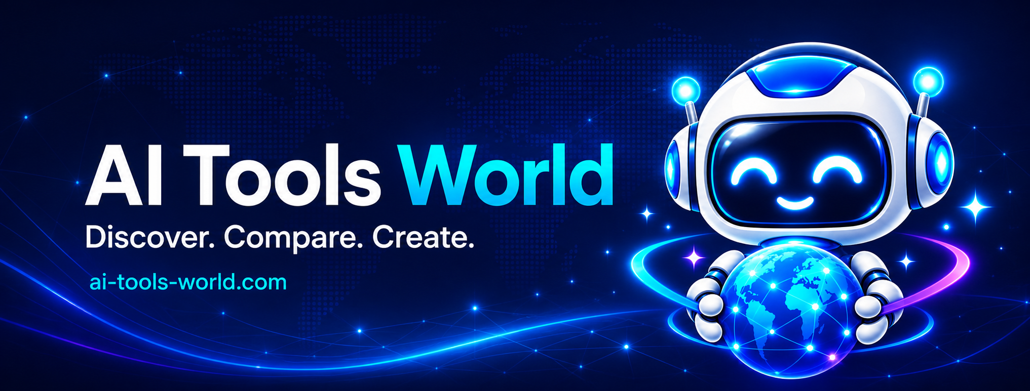 AI Tools World robot and globe illustration
